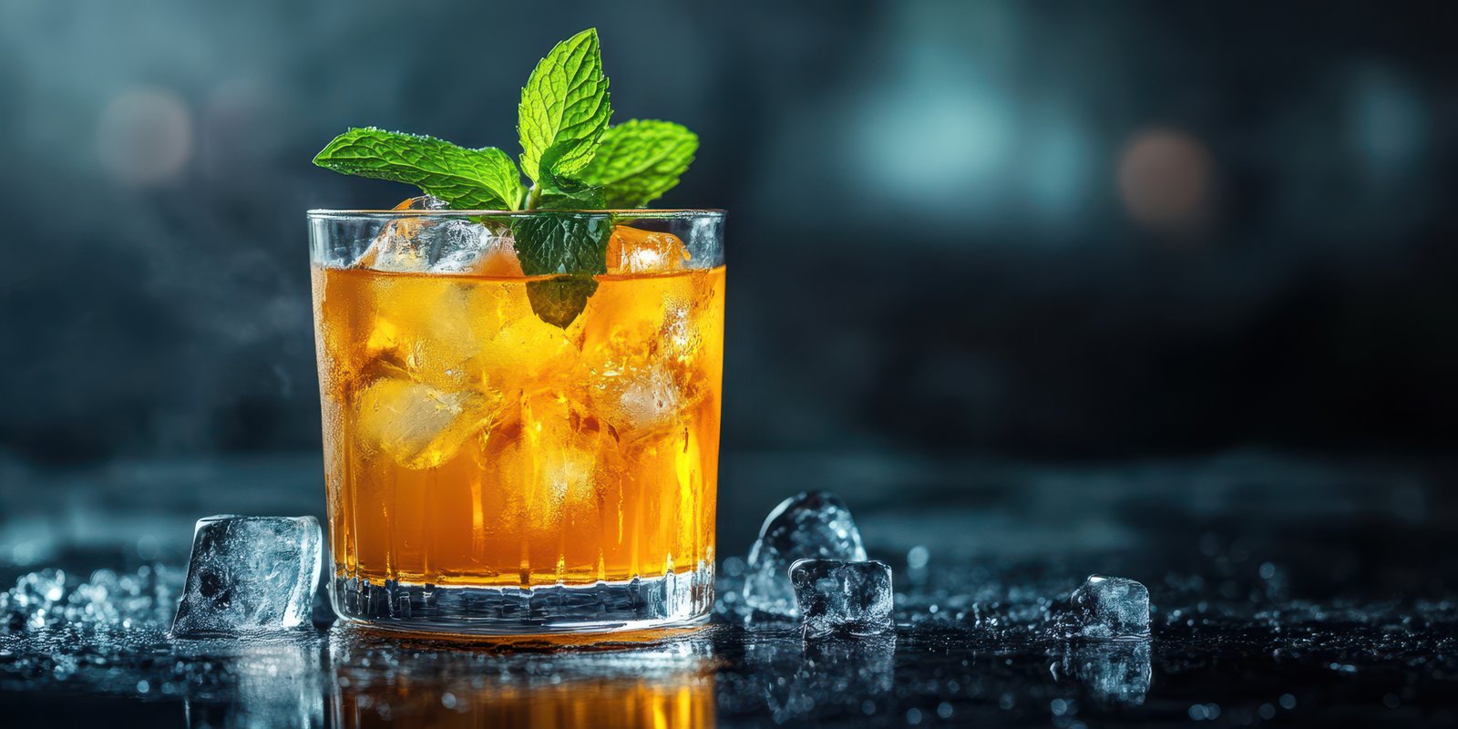 Refreshing cocktail with mint leaves served on ice in a stylish glass during a nightlife setting